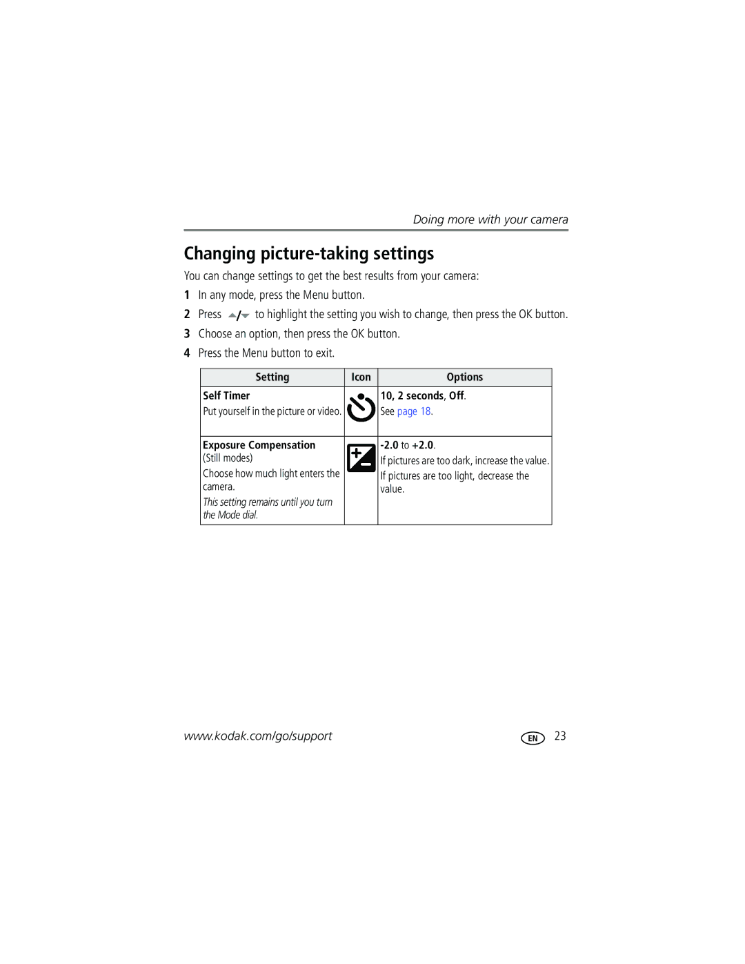 Kodak C310, CD40 manual Changing picture-taking settings, Setting Icon Options Self Timer 10, 2 seconds , Off, Camera Value 