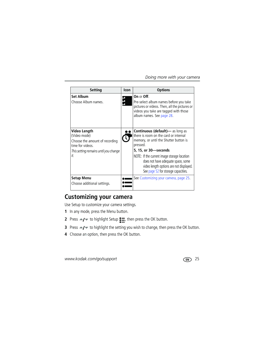 Kodak C310, CD40 manual Customizing your camera, Choose an option, then press the OK button 