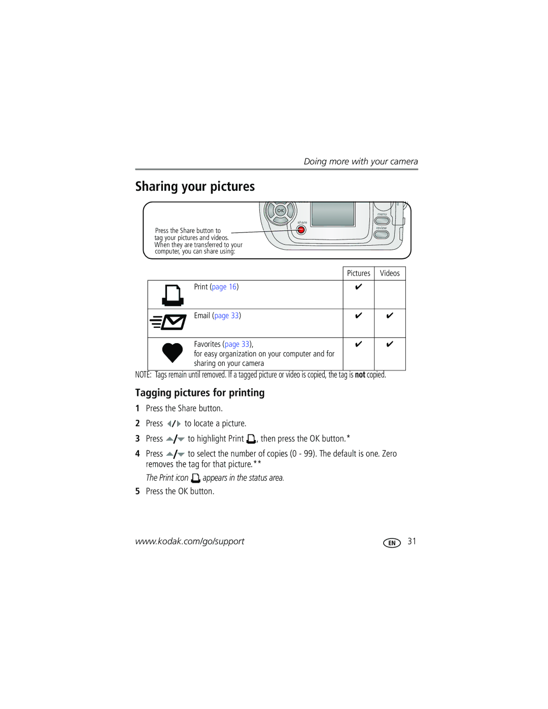 Kodak C310, CD40 manual Sharing your pictures, Tagging pictures for printing 