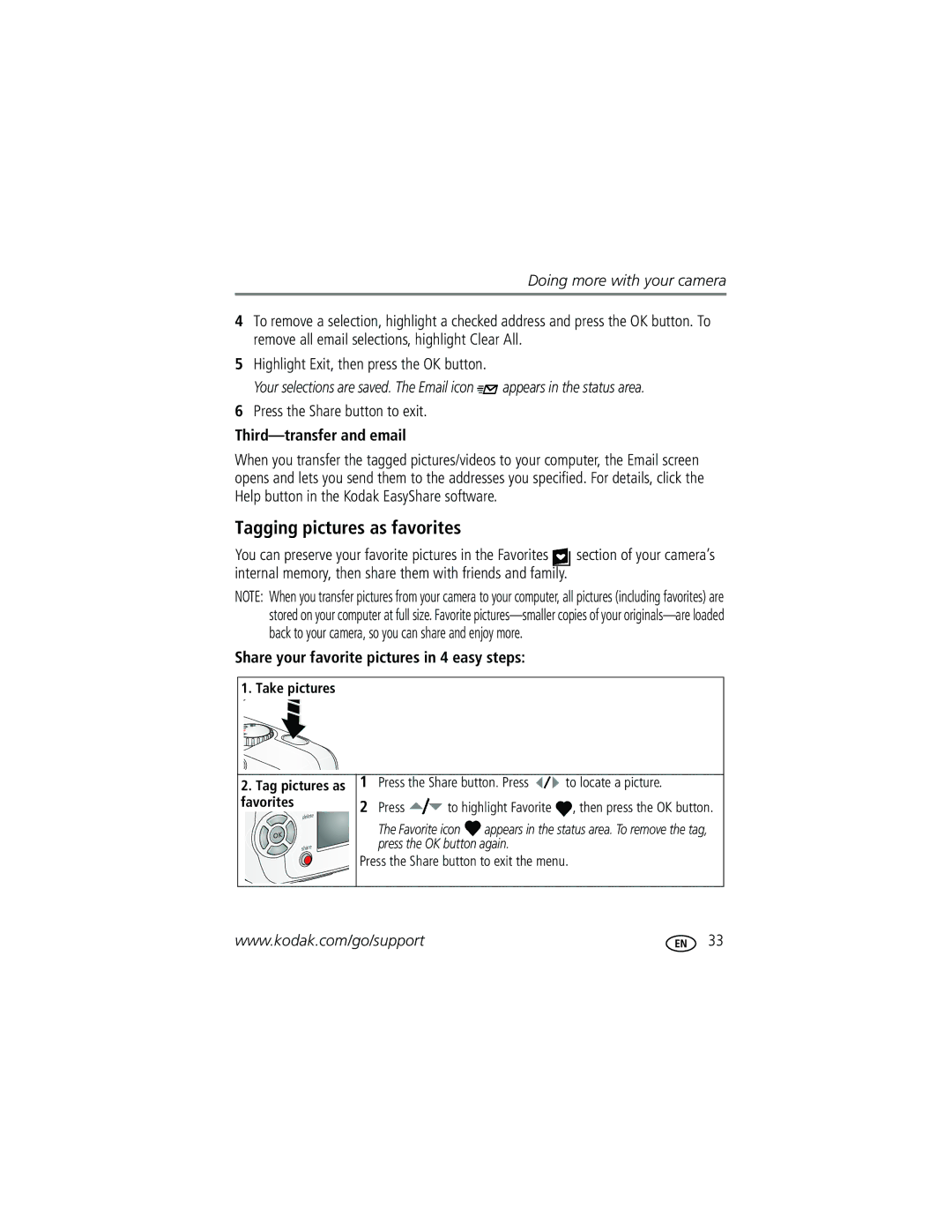 Kodak C310, CD40 manual Tagging pictures as favorites, Press the Share button to exit, Third-transfer and email 