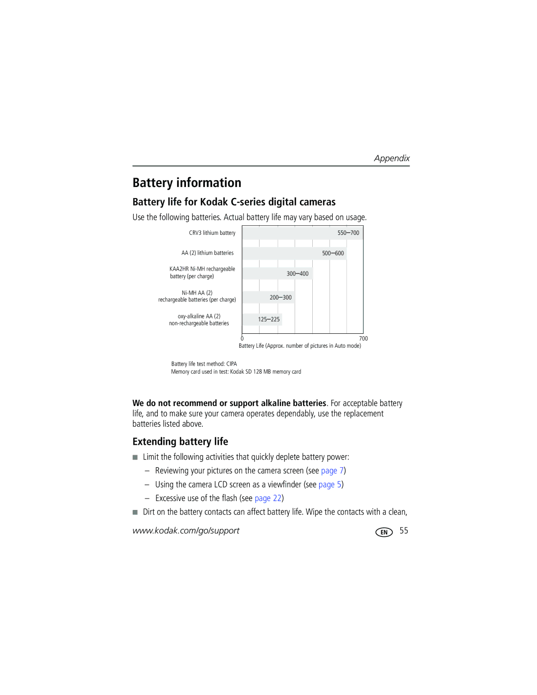 Kodak C310, CD40 manual Battery information, Battery life for Kodak C-series digital cameras, Extending battery life 