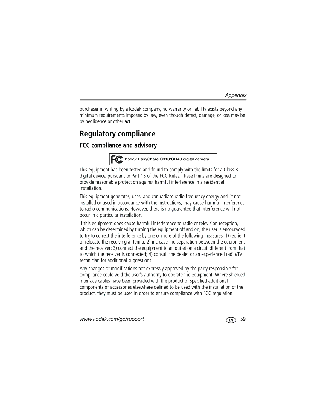 Kodak C310, CD40 manual Regulatory compliance, FCC compliance and advisory 