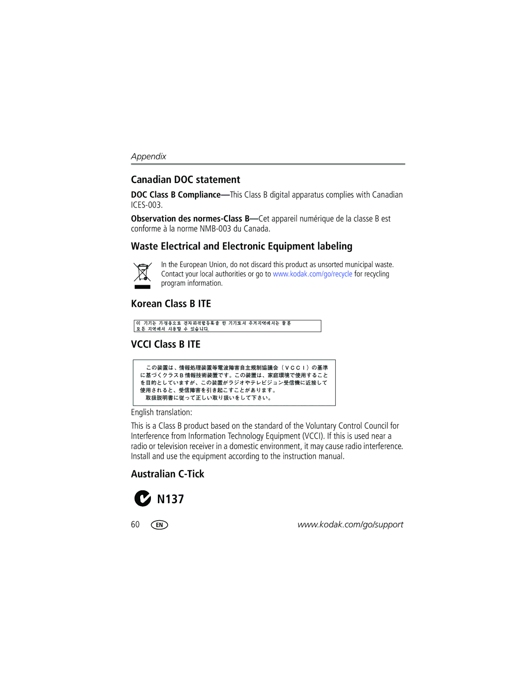 Kodak C310, CD40 manual Canadian DOC statement, Australian C-Tick, English translation 