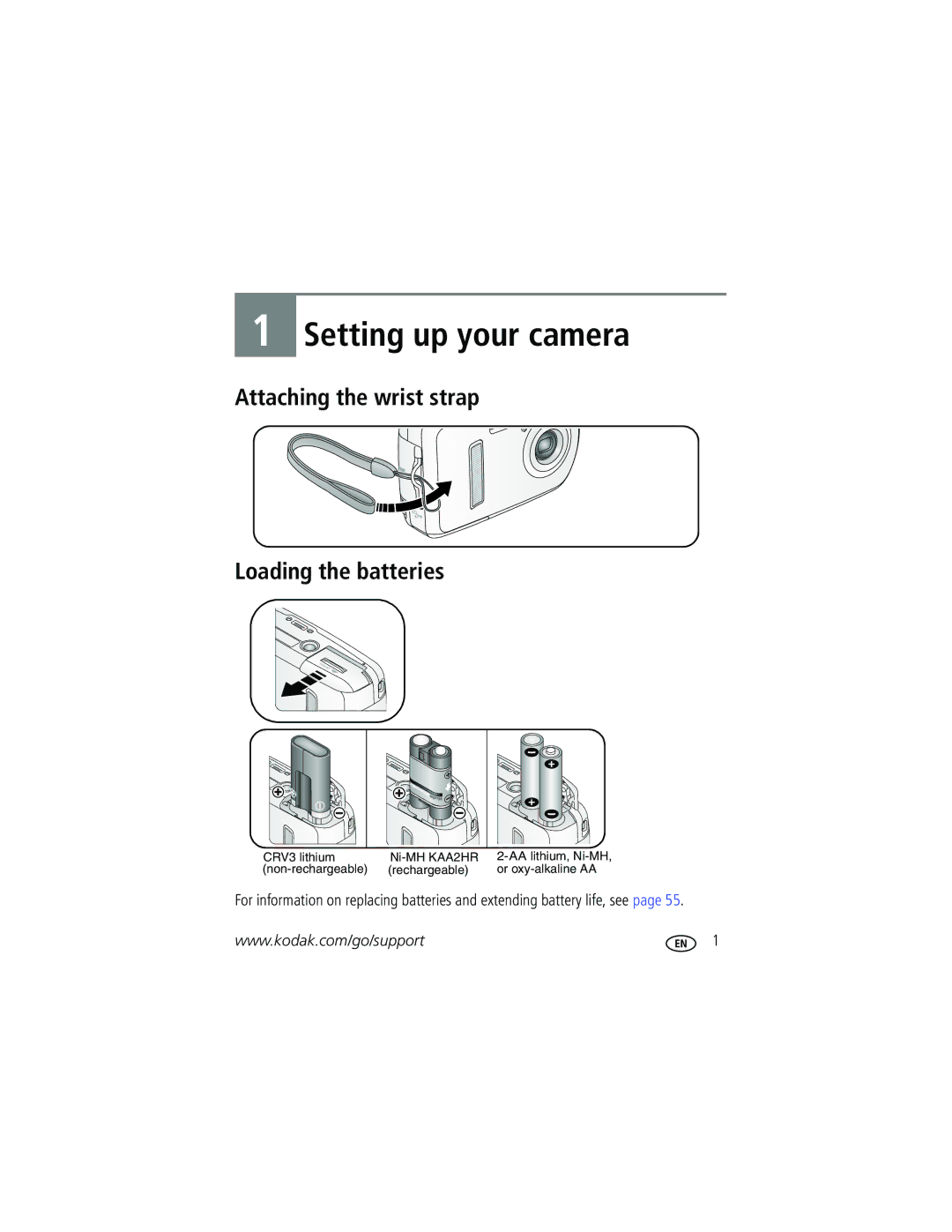 Kodak C310, CD40 manual Setting up your camera, Attaching the wrist strap Loading the batteries 