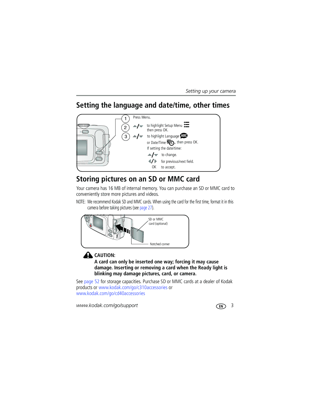 Kodak C310, CD40 manual Setting the language and date/time, other times, Storing pictures on an SD or MMC card 