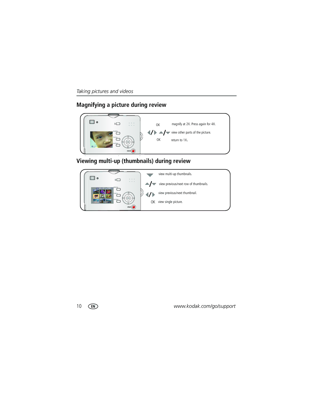 Kodak C315, C315, CD50, C530, C315, CD50 Magnifying a picture during review, Viewing multi-up thumbnails during review 