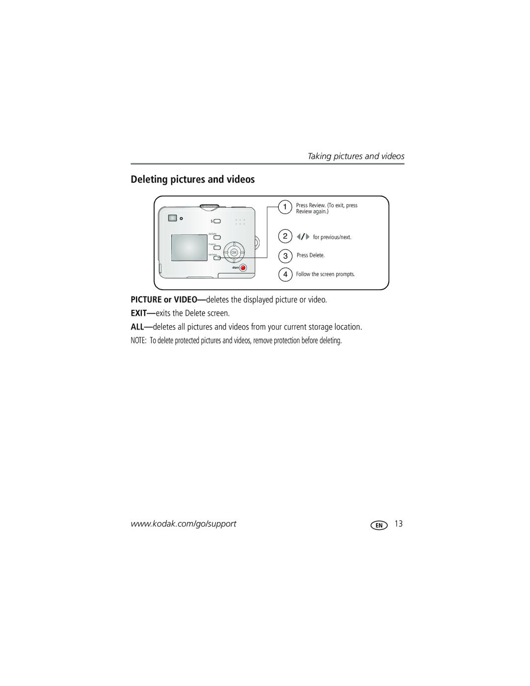 Kodak C530, C315, CD50, C315, C315, CD50 manual Deleting pictures and videos 