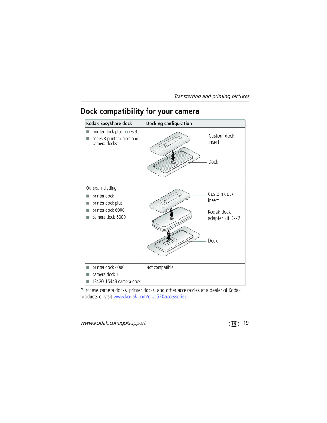 Kodak C530, C315, CD50, C315, C315, CD50 manual Dock compatibility for your camera, Insert, Custom dock, Kodak dock 