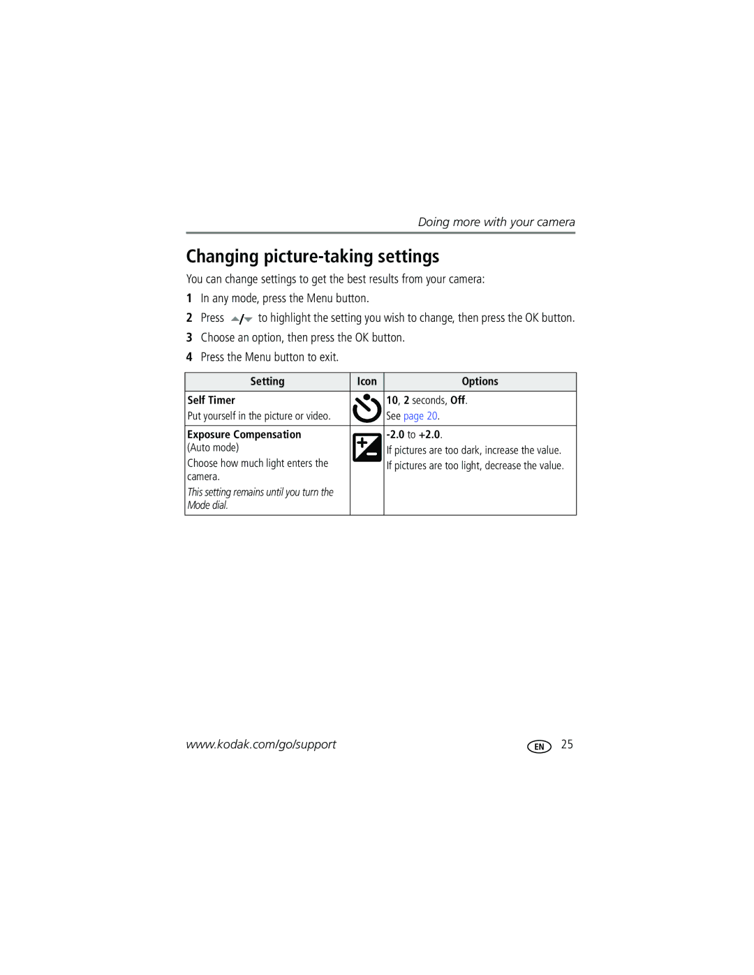 Kodak C530, C315, CD50 manual Changing picture-taking settings, Setting Icon Options Self Timer 10, 2 seconds, Off, Camera 