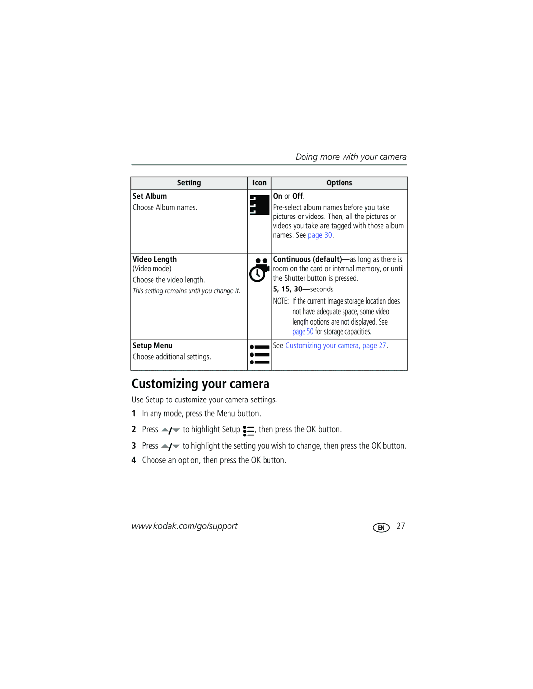 Kodak C530, C315, CD50, C315, C315, CD50 manual Customizing your camera, Choose an option, then press the OK button 