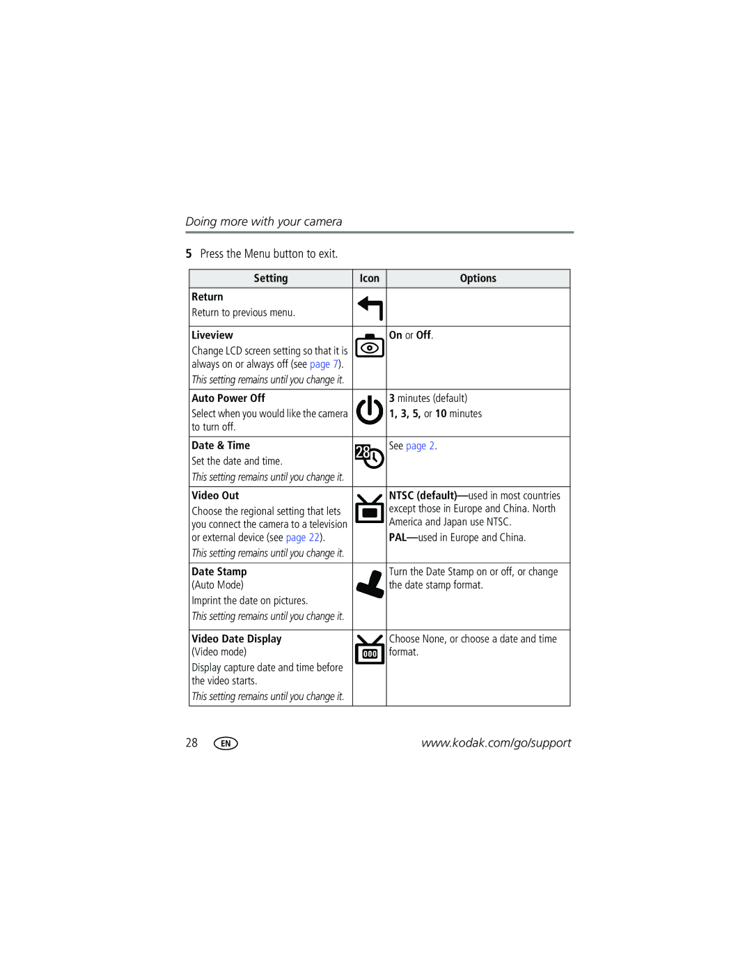 Kodak C315, C315, CD50 Setting Icon Options Return, Liveview On or Off, Auto Power Off, 5, or 10 minutes, Date & Time 