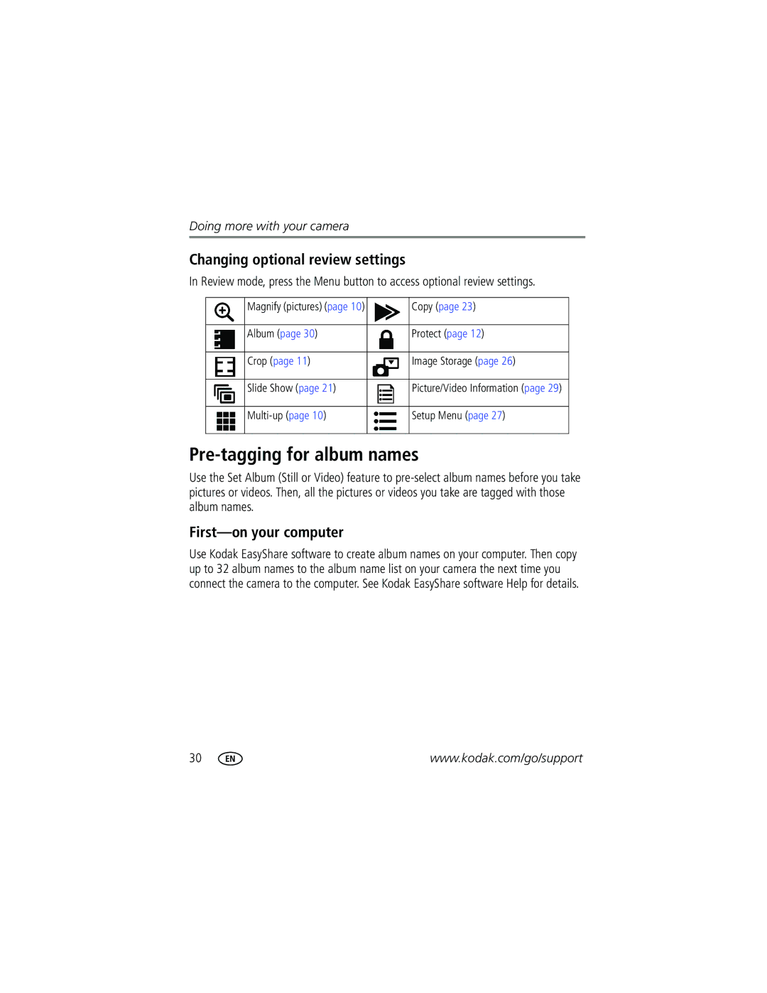 Kodak C315, C315, CD50 manual Pre-tagging for album names, Changing optional review settings, First-on your computer 