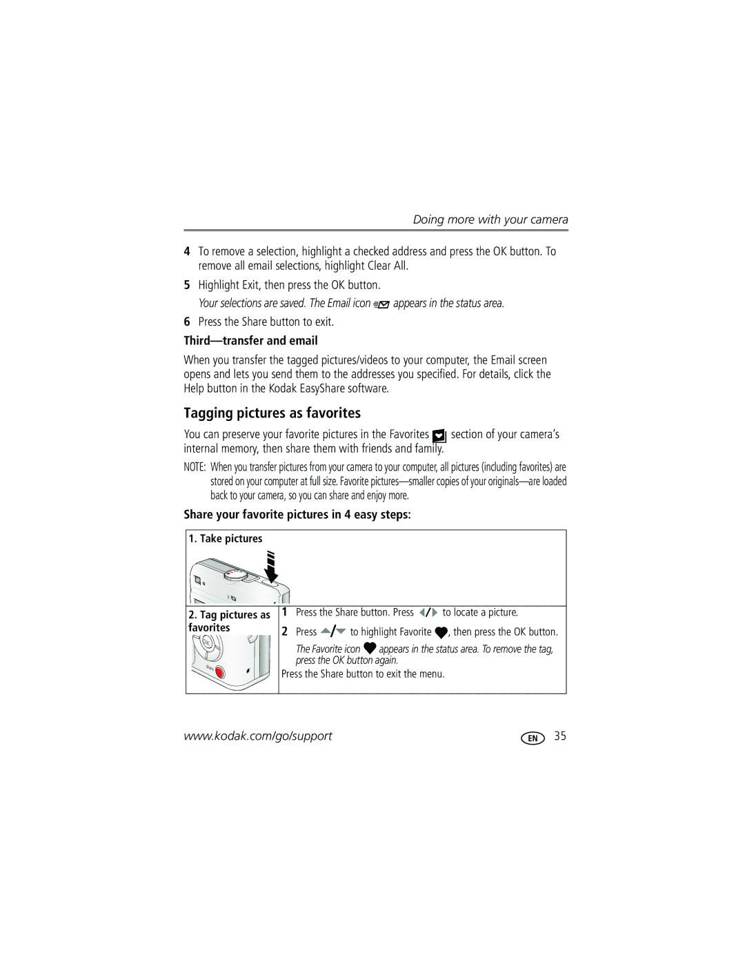 Kodak C530, C315, CD50 manual Tagging pictures as favorites, Press the Share button to exit, Third-transfer and email 
