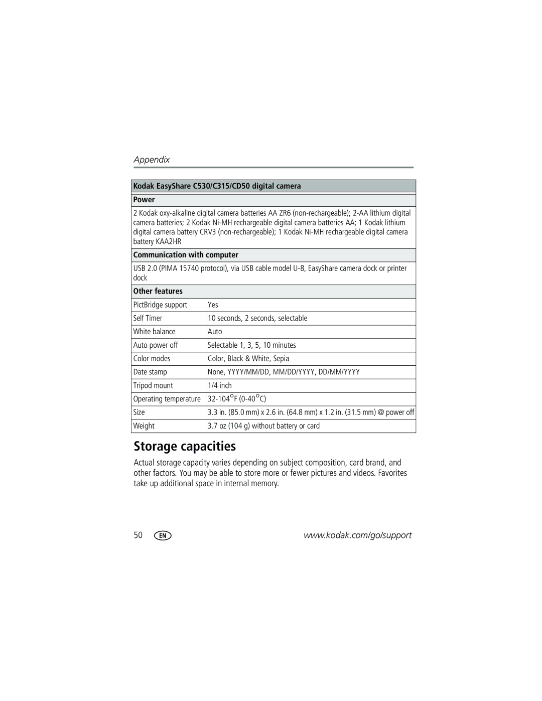 Kodak C315, C315, CD50 manual Storage capacities, Kodak EasyShare C530/C315/CD50 digital camera Power, Other features 