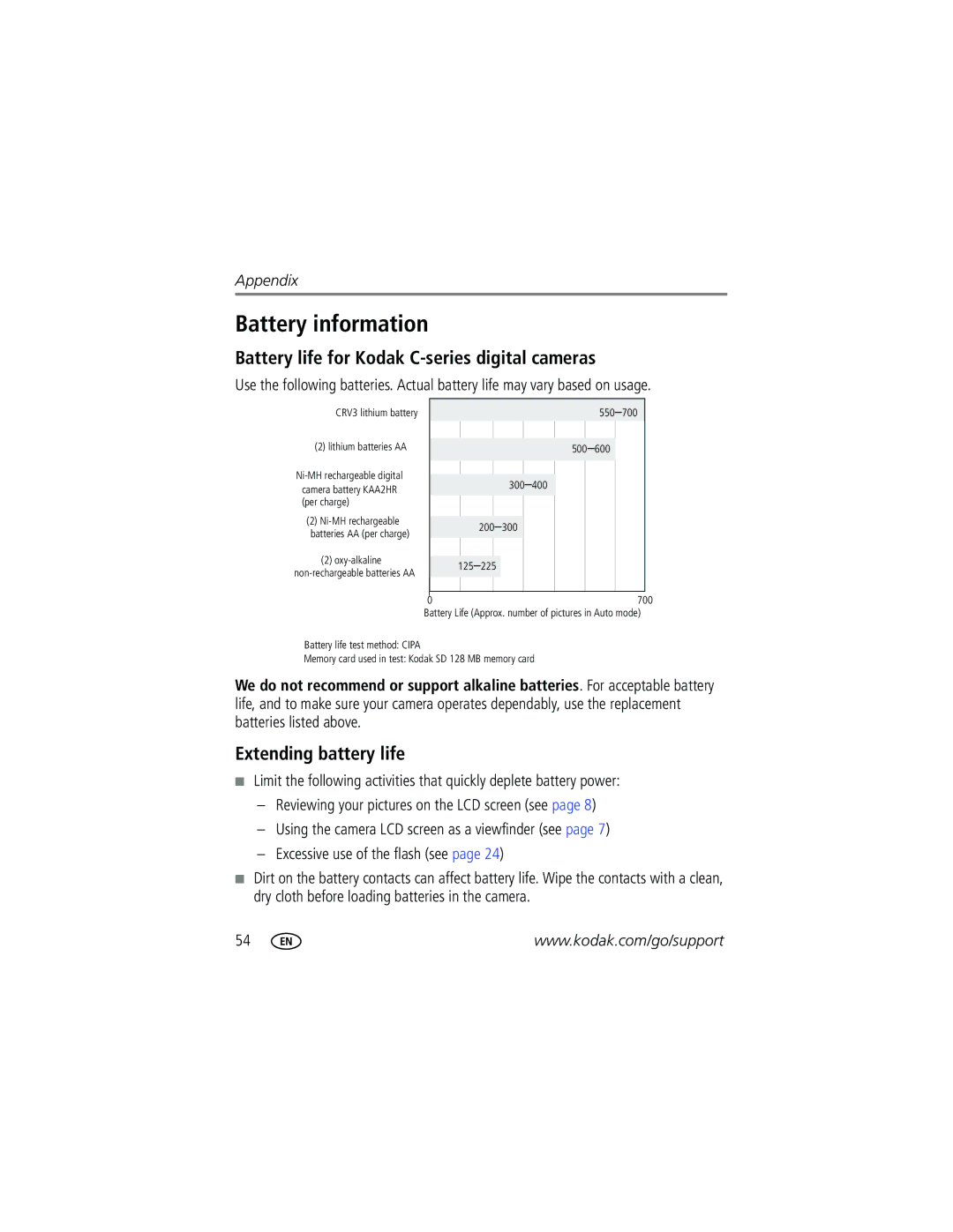 Kodak C315, C315, CD50 manual Battery information, Battery life for Kodak C-series digital cameras, Extending battery life 