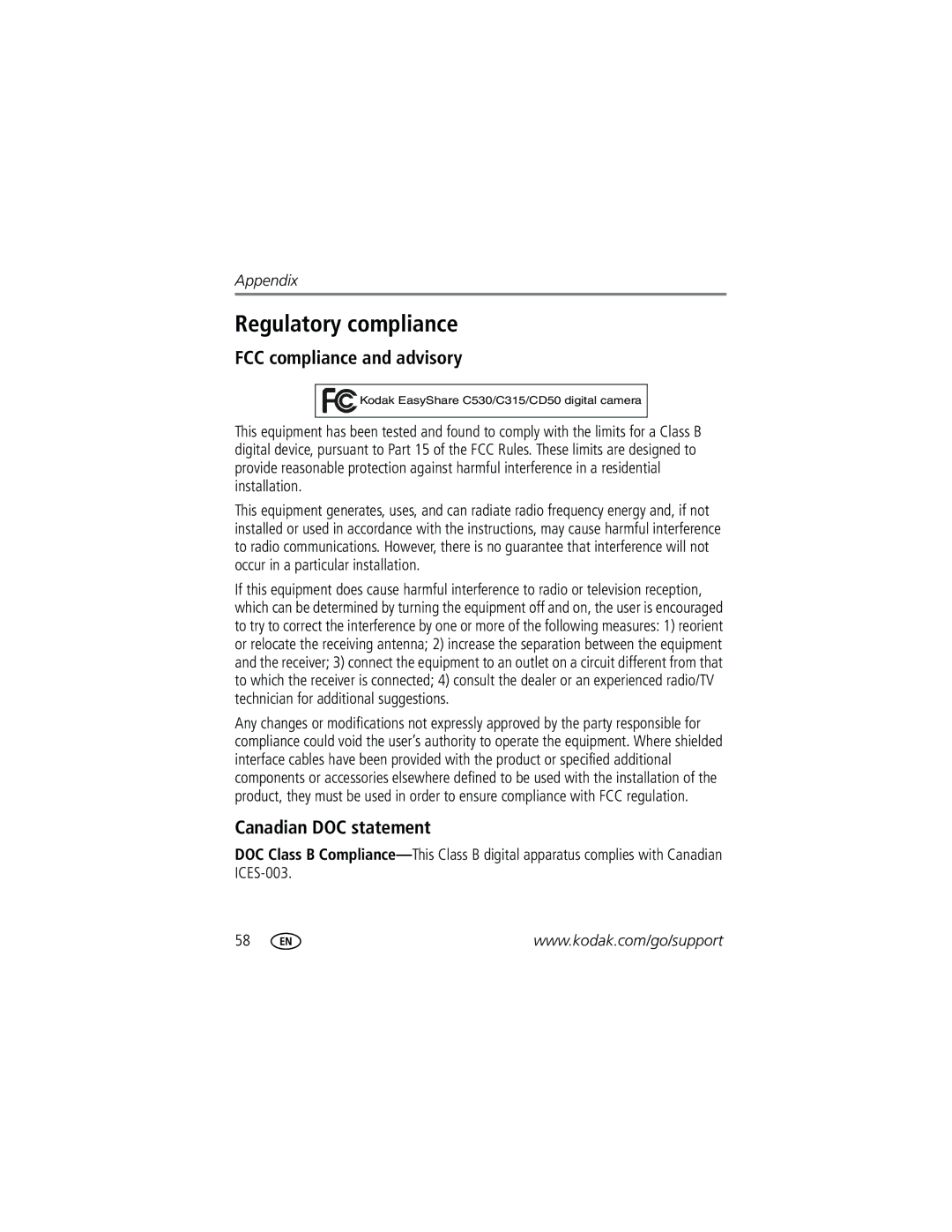 Kodak C315, C315, CD50, C530, C315, CD50 manual Regulatory compliance, FCC compliance and advisory, Canadian DOC statement 