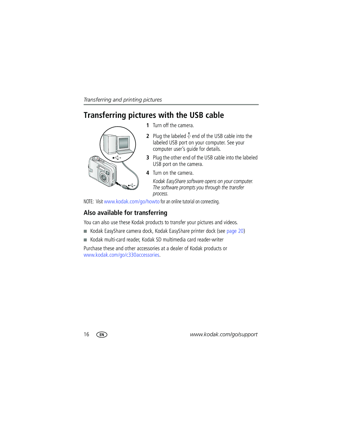 Kodak C330 manual Transferring pictures with the USB cable, Also available for transferring, Turn off the camera 