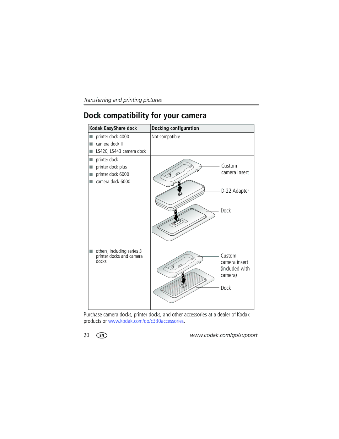 Kodak C330 manual Dock compatibility for your camera, Adapter Dock, Custom, Camera 