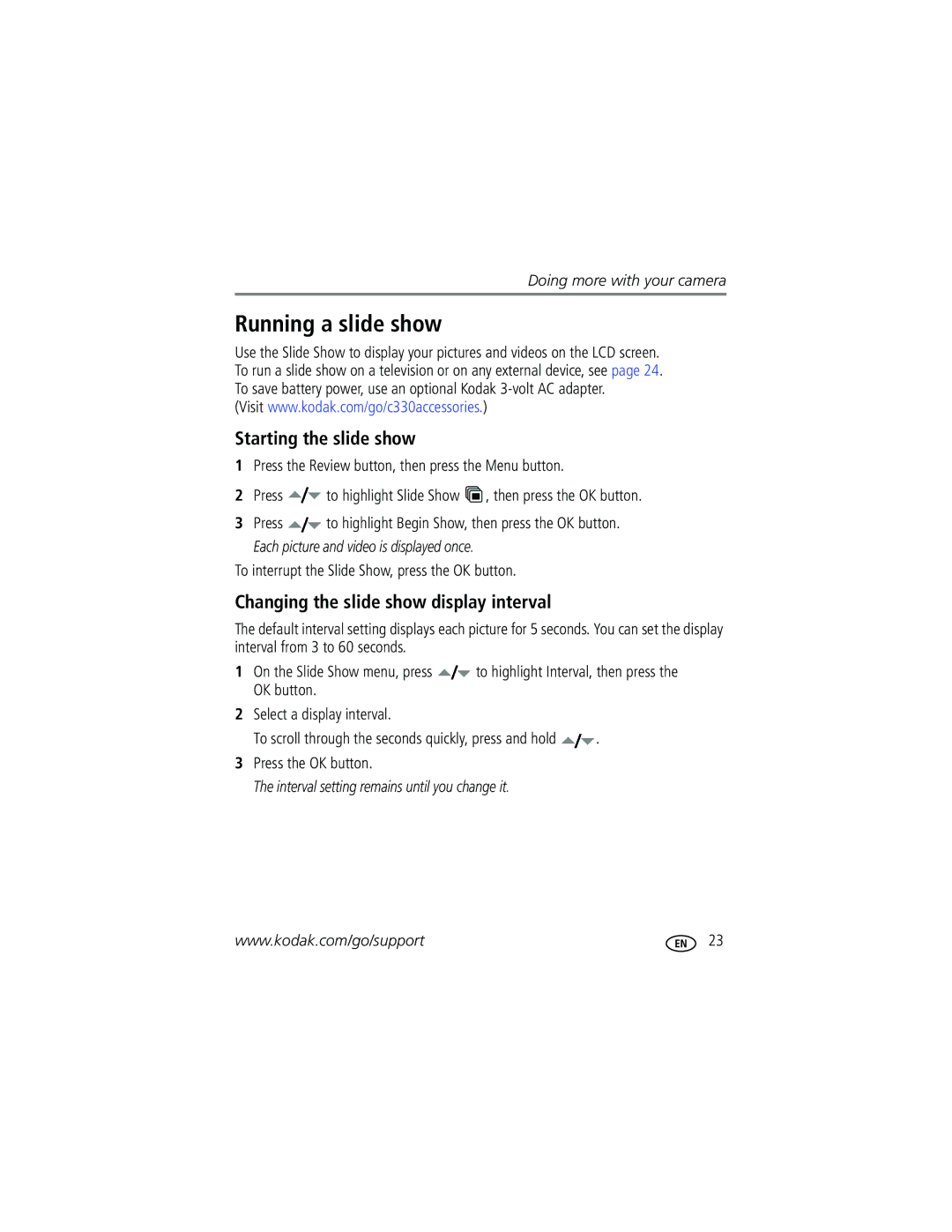 Kodak C330 manual Running a slide show, Starting the slide show, Changing the slide show display interval 