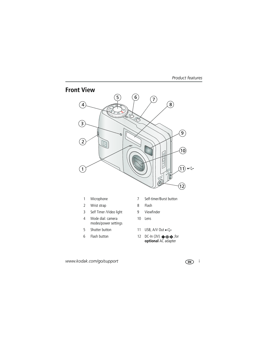 Kodak C330 manual Front View, Microphone Wrist strap Self Timer /Video light 