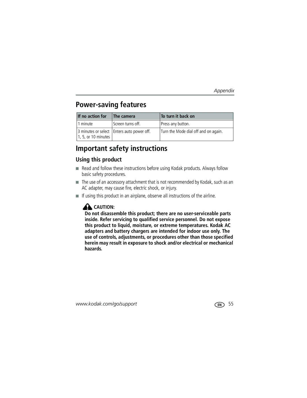 Kodak C330 manual Power-saving features, Important safety instructions, Using this product 