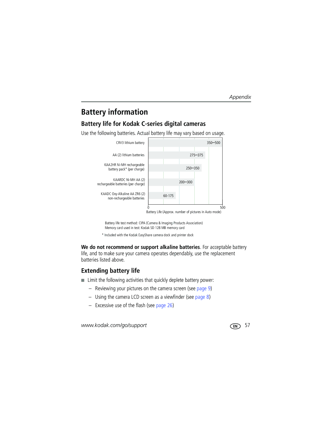 Kodak C330 manual Battery information, Battery life for Kodak C-series digital cameras, Extending battery life 