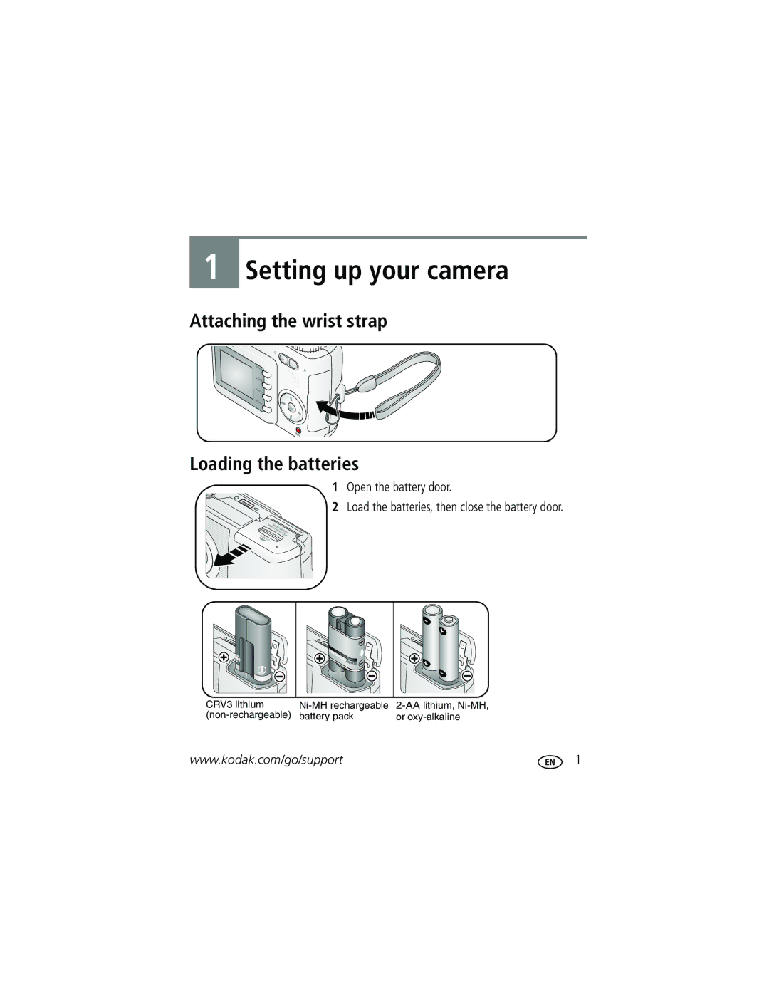 Kodak C330 manual Setting up your camera, Attaching the wrist strap Loading the batteries 