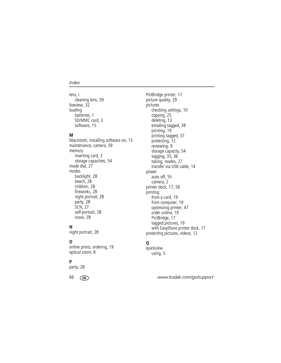 Kodak C330 manual Lens Cleaning lens, 59 liveview, 32 loading, Party, Printer dock, 17, 58 printing, Using, Quickview 
