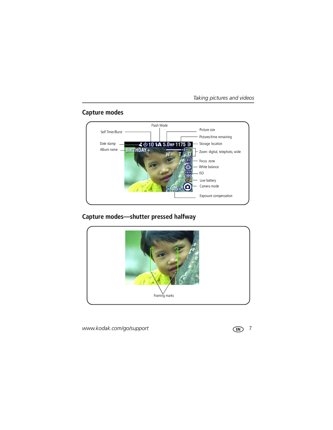 Kodak C340 manual Capture modes-shutter pressed halfway 