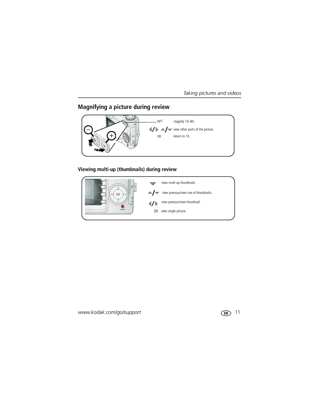 Kodak C340 manual Magnifying a picture during review, Viewing multi-up thumbnails during review 