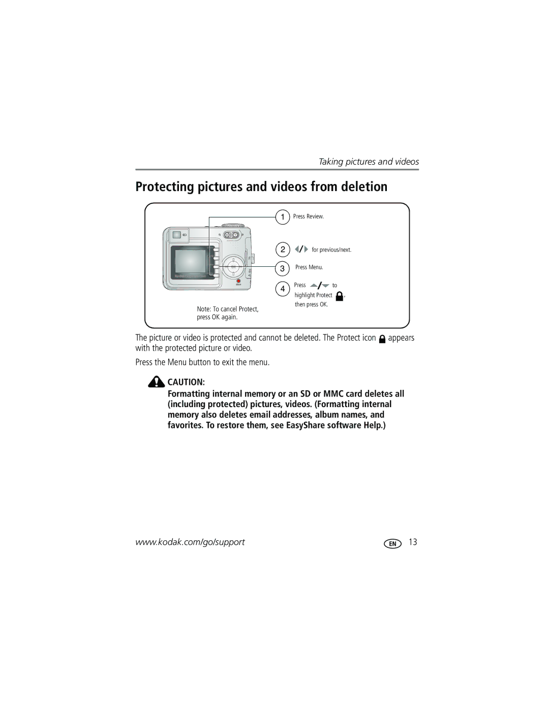 Kodak C340 manual Protecting pictures and videos from deletion 