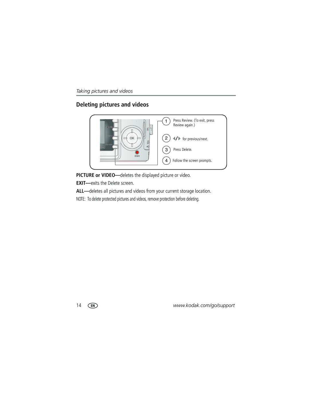 Kodak C340 manual Deleting pictures and videos 