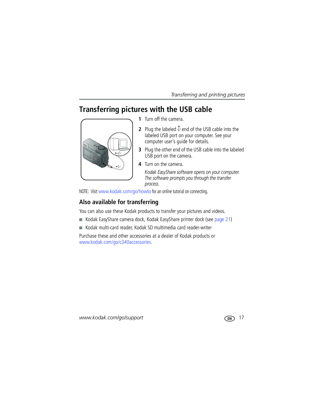 Kodak C340 manual Transferring pictures with the USB cable, Also available for transferring, Turn off the camera 