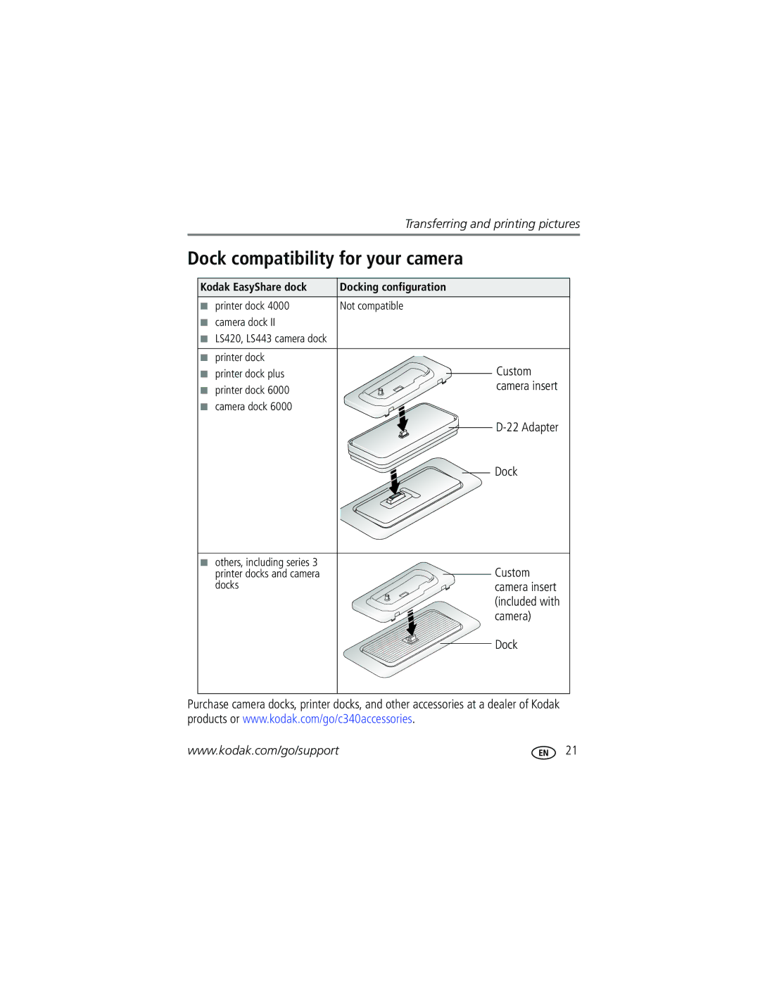 Kodak C340 manual Dock compatibility for your camera, Adapter Dock, Custom, Camera 