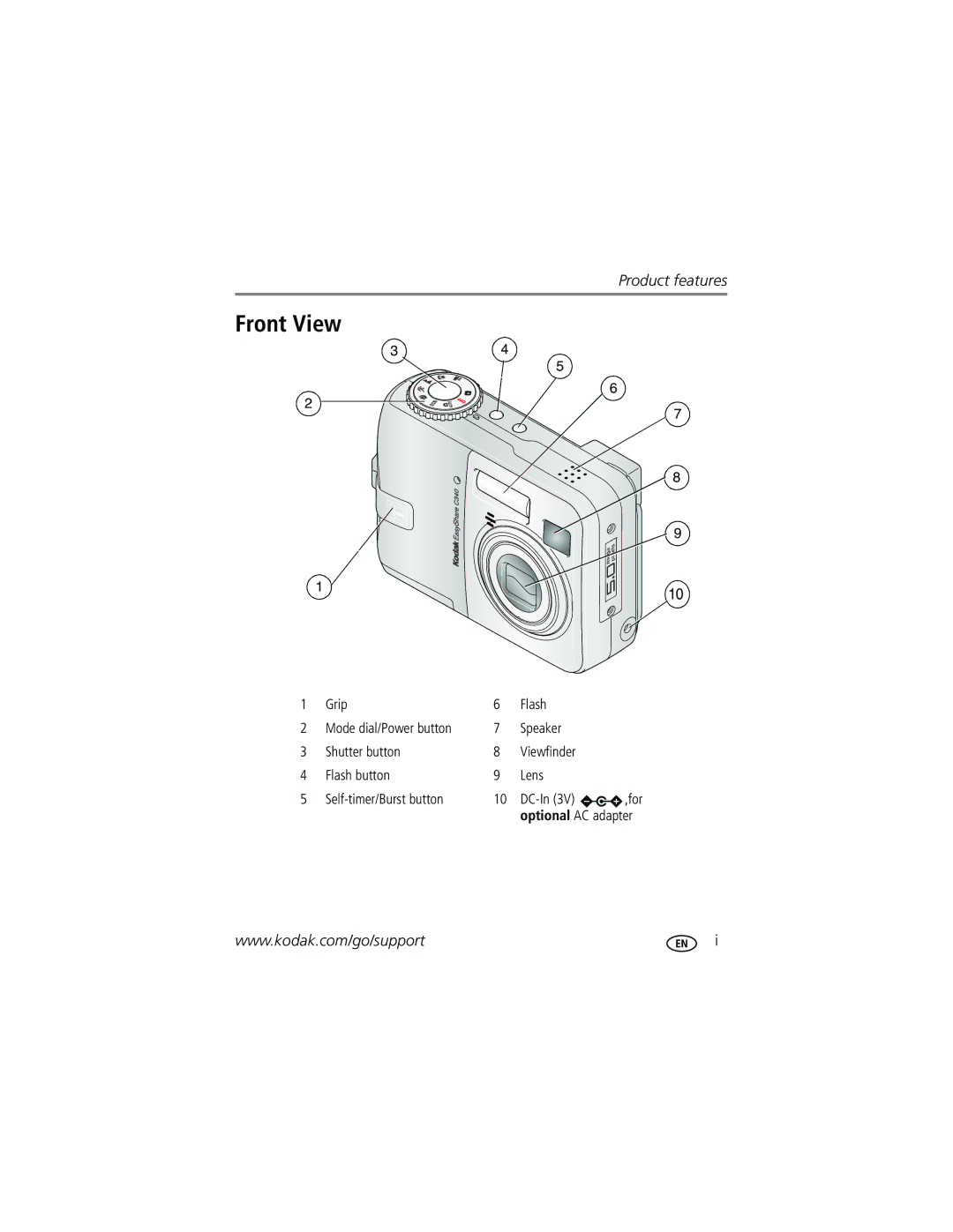 Kodak C340 manual Front View, Grip Flash, Speaker Shutter button, Flash button Lens Self-timer/Burst button 