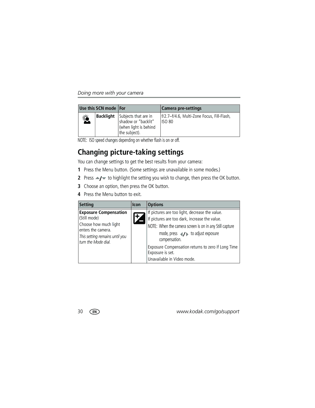 Kodak C340 manual Changing picture-taking settings, Mode, press To adjust exposure, For Camera pre-settings Backlight 