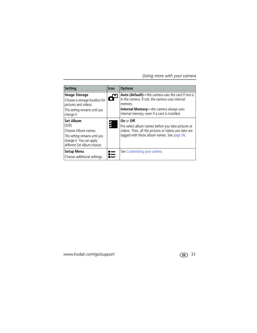 Kodak C340 manual Setting Icon Options Image Storage, Set Album On or Off, Setup Menu 