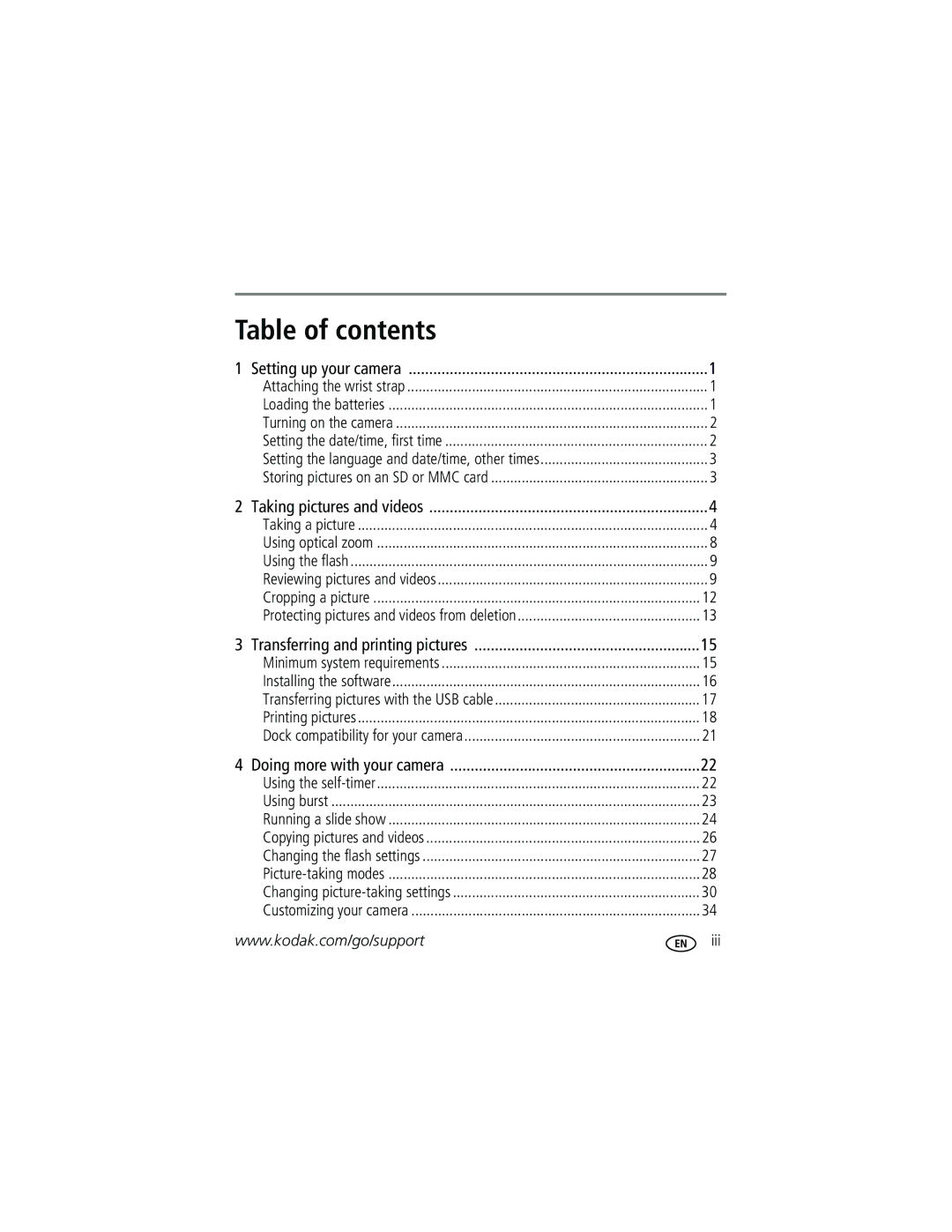 Kodak C340 manual Table of contents 