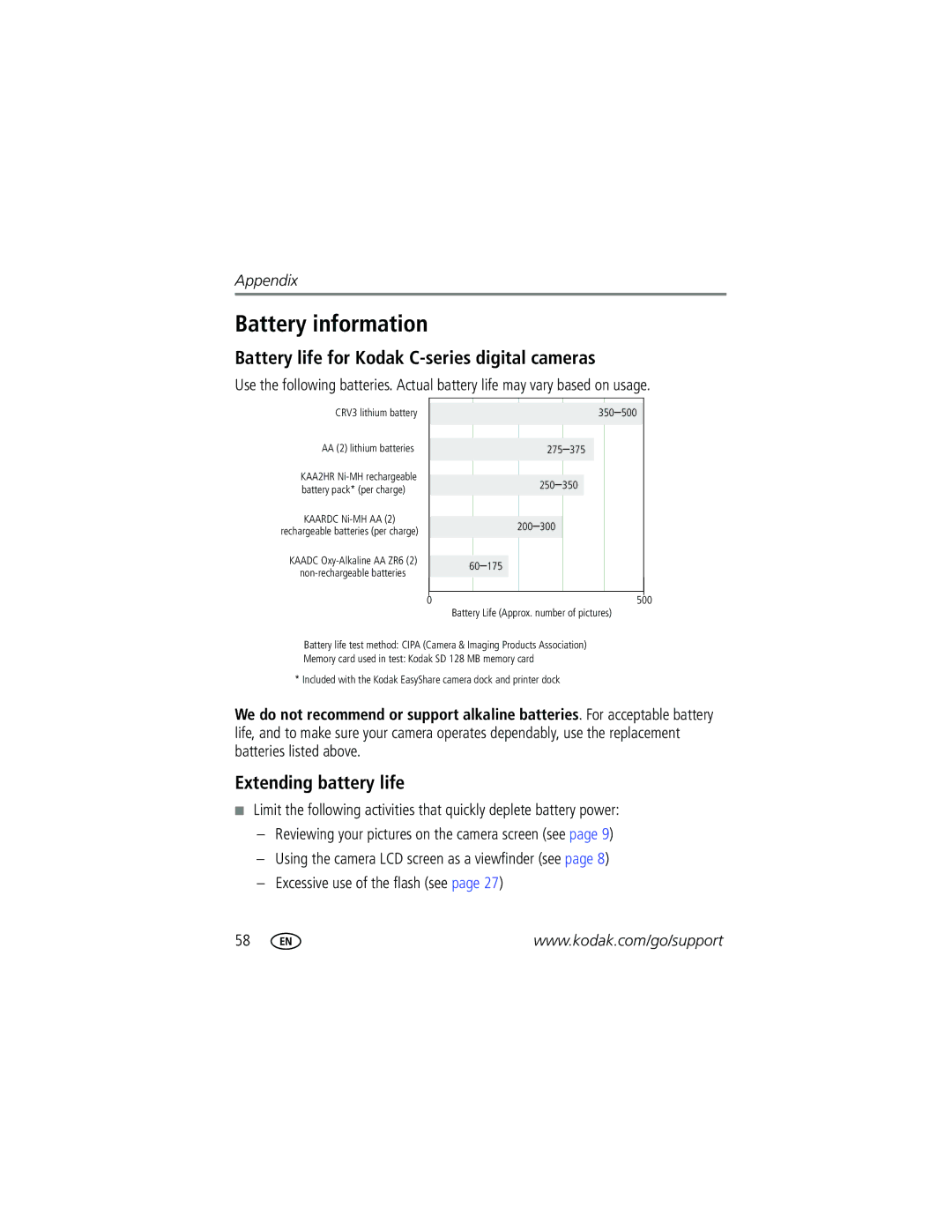 Kodak C340 manual Battery information, Battery life for Kodak C-series digital cameras, Extending battery life 