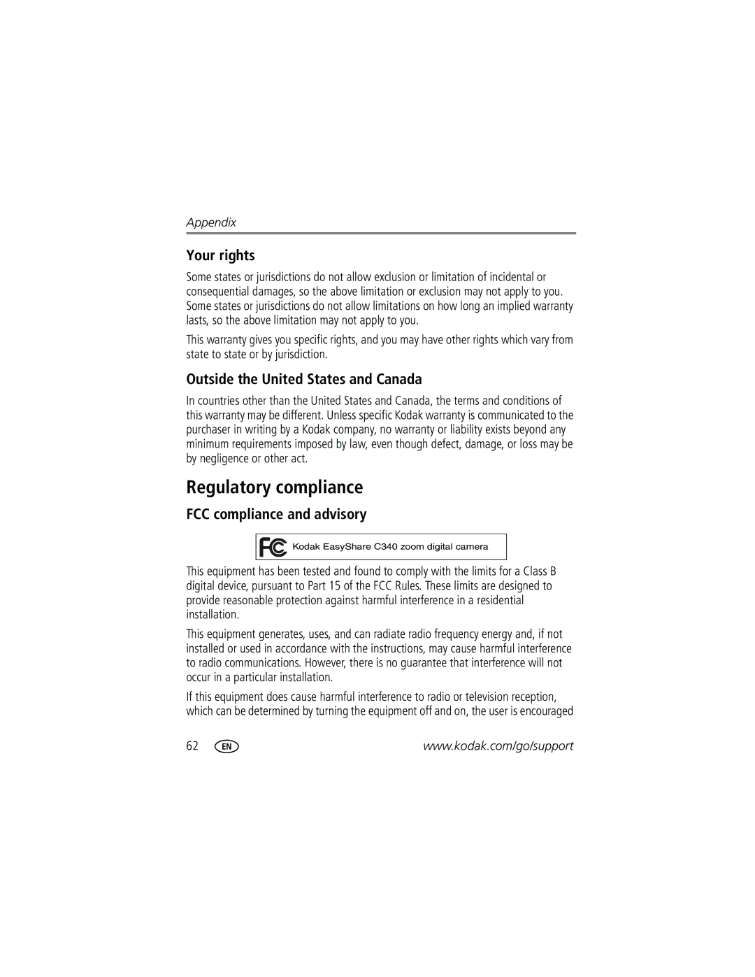 Kodak C340 manual Regulatory compliance, Your rights, Outside the United States and Canada, FCC compliance and advisory 