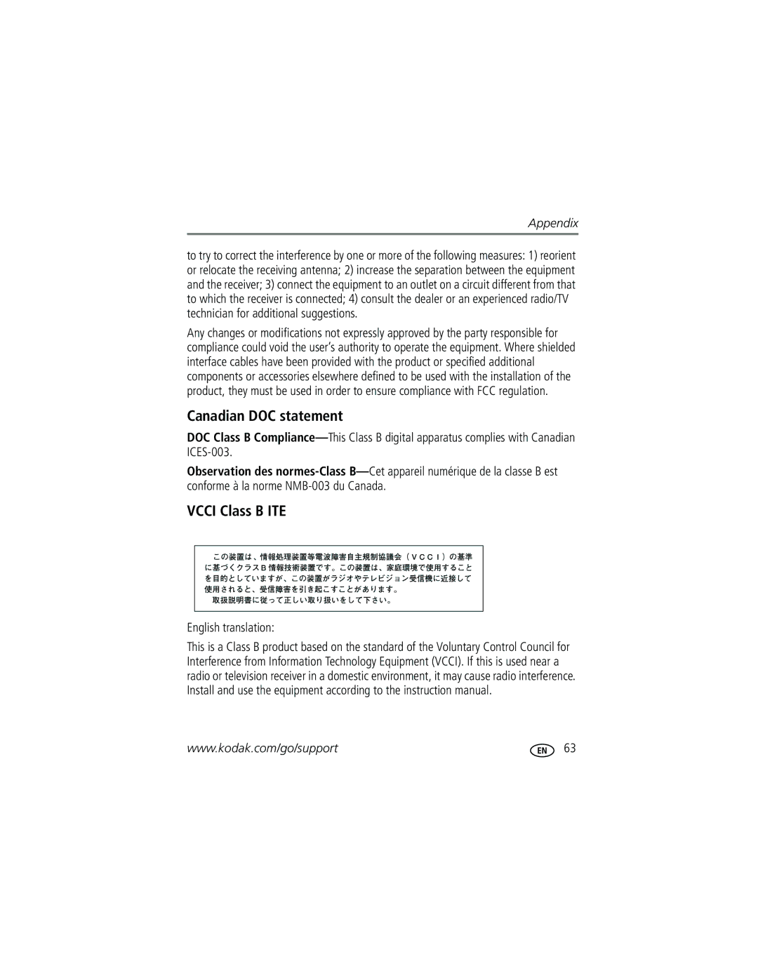 Kodak C340 manual Canadian DOC statement, Vcci Class B ITE, English translation 