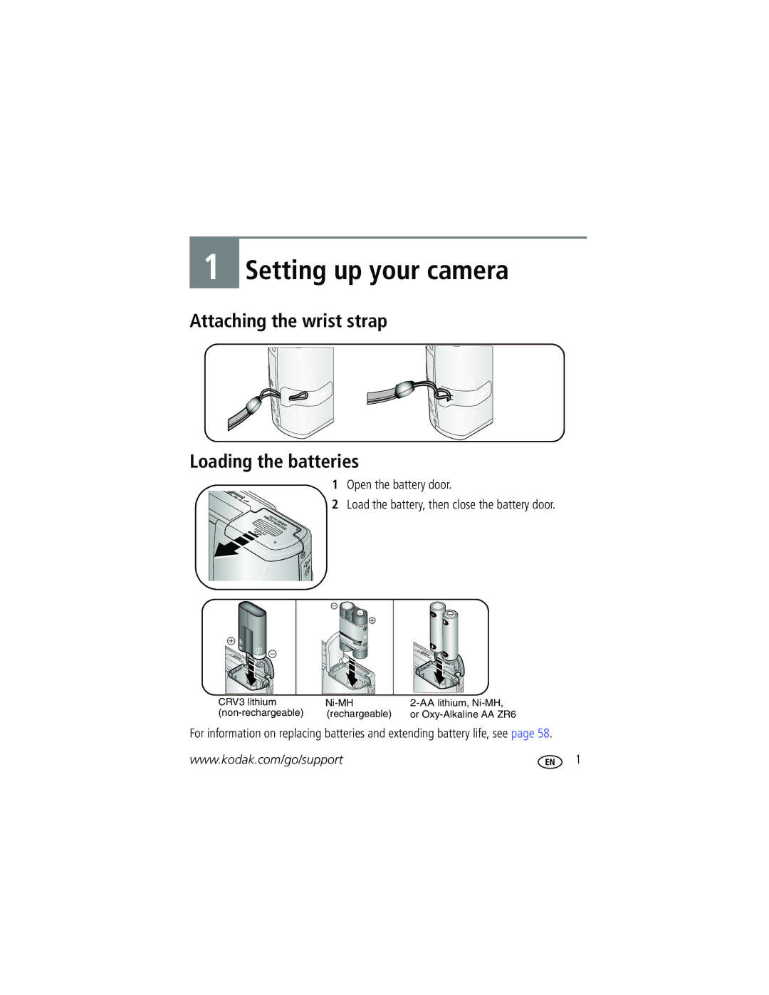 Kodak C340 manual Setting up your camera, Attaching the wrist strap Loading the batteries 