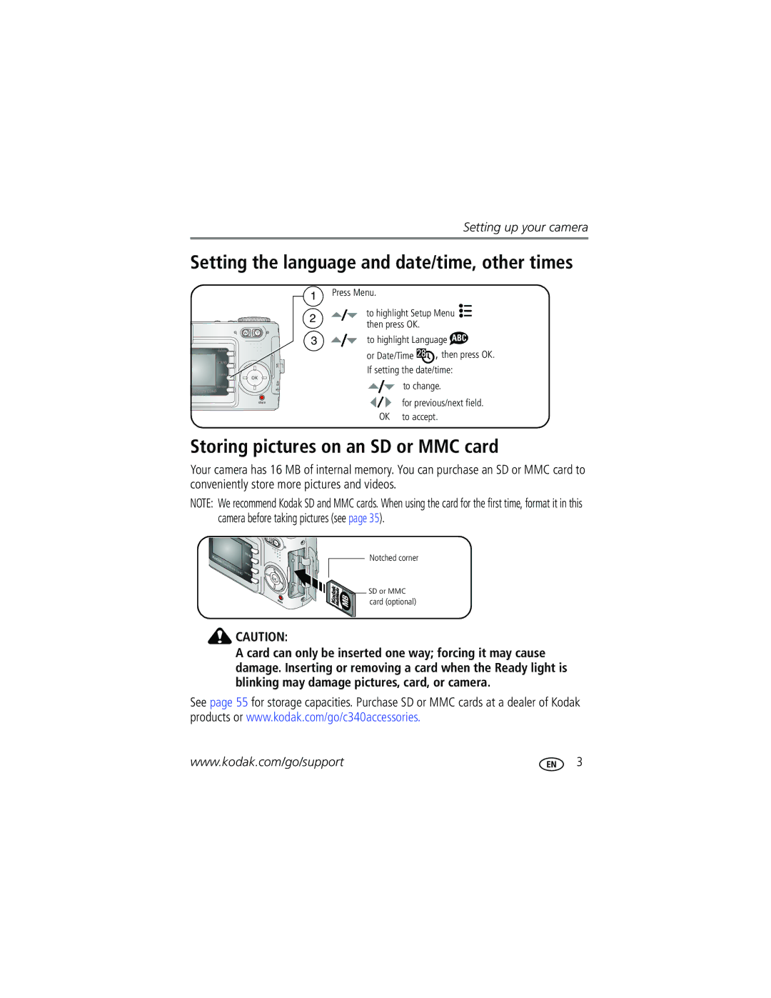 Kodak C340 manual Setting the language and date/time, other times, Storing pictures on an SD or MMC card 
