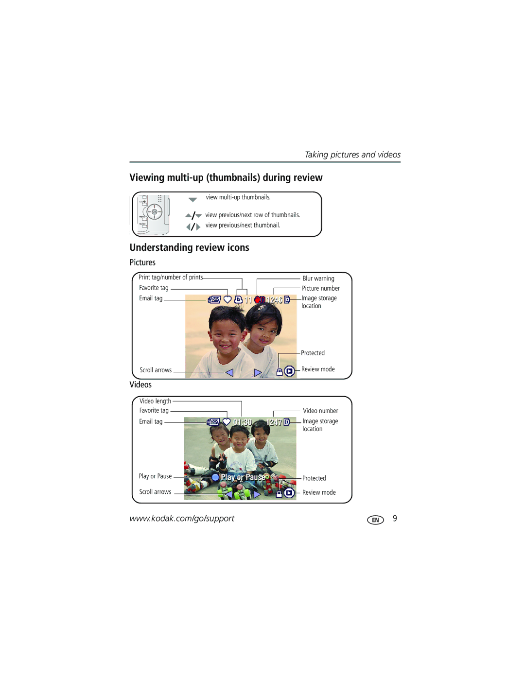 Kodak C360 manual Viewing multi-up thumbnails during review, Understanding review icons, Pictures, Videos 