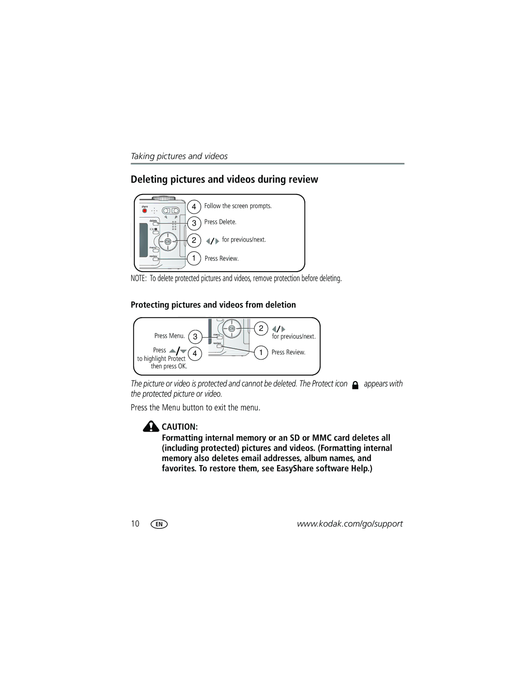 Kodak C360 manual Deleting pictures and videos during review, Protecting pictures and videos from deletion 