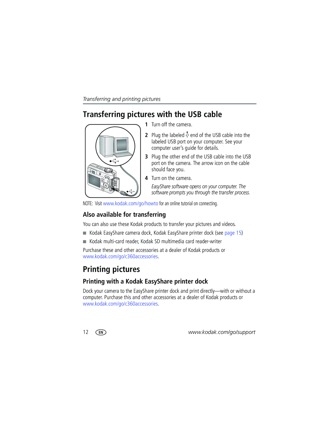 Kodak C360 manual Transferring pictures with the USB cable, Printing pictures, Also available for transferring 