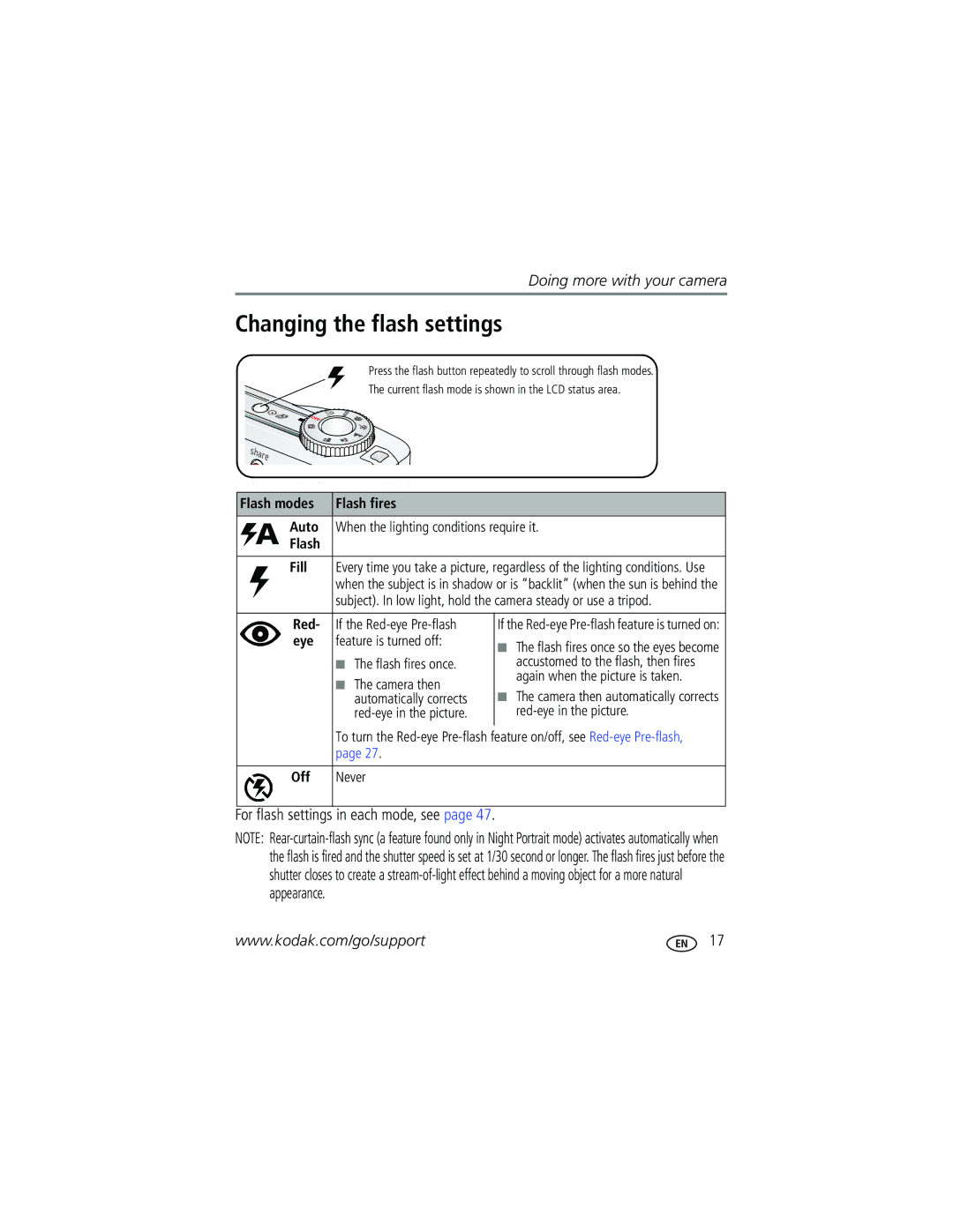 Kodak C360 manual Changing the flash settings, For flash settings in each mode, see 