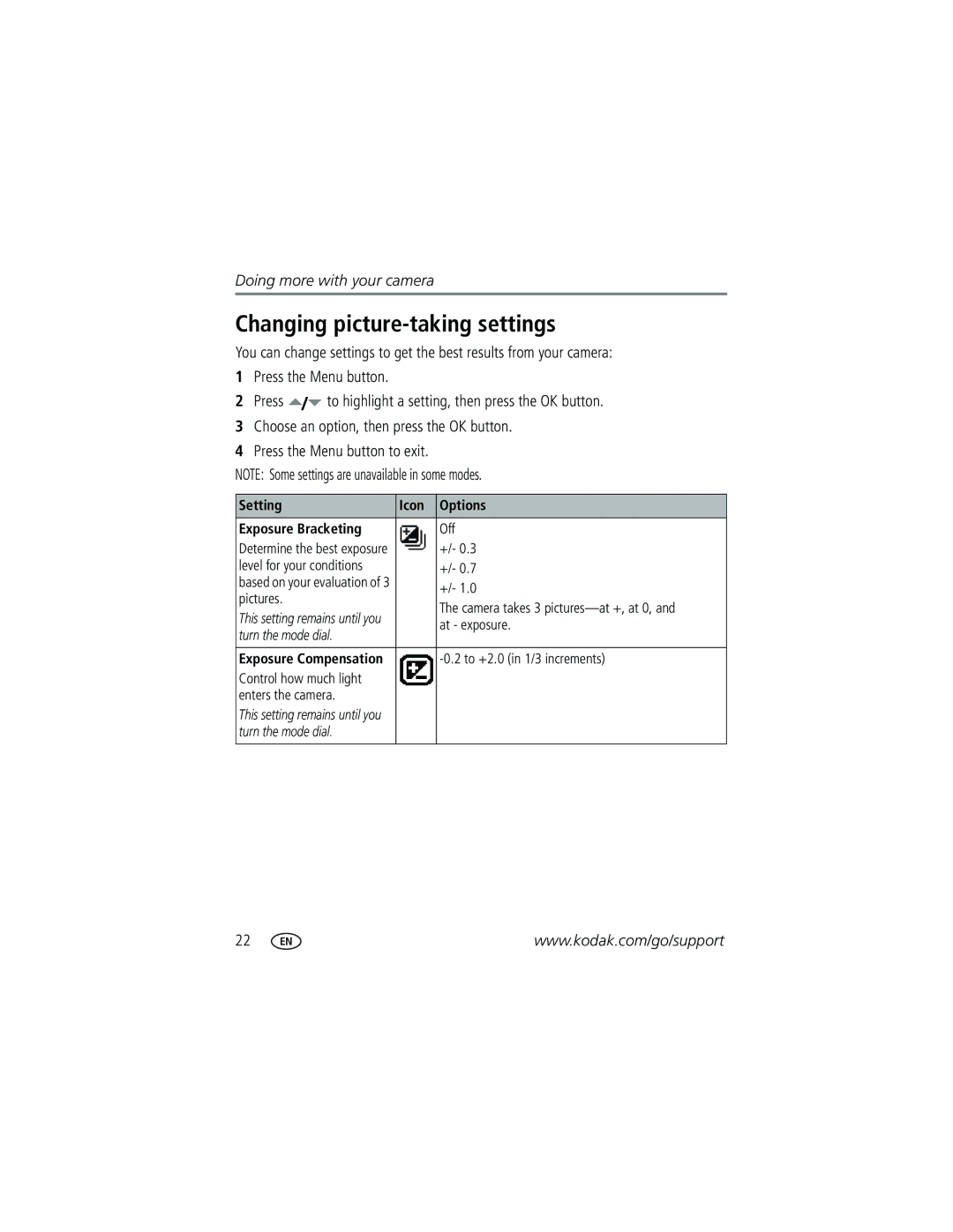 Kodak C360 manual Changing picture-taking settings, Setting Icon Options Exposure Bracketing 