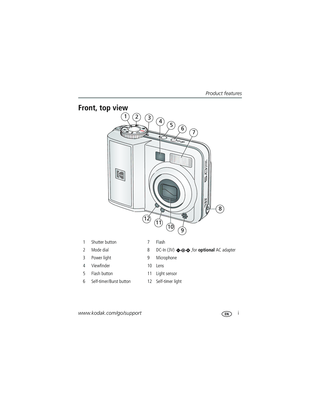 Kodak C360 manual Front, top view, 3 4 