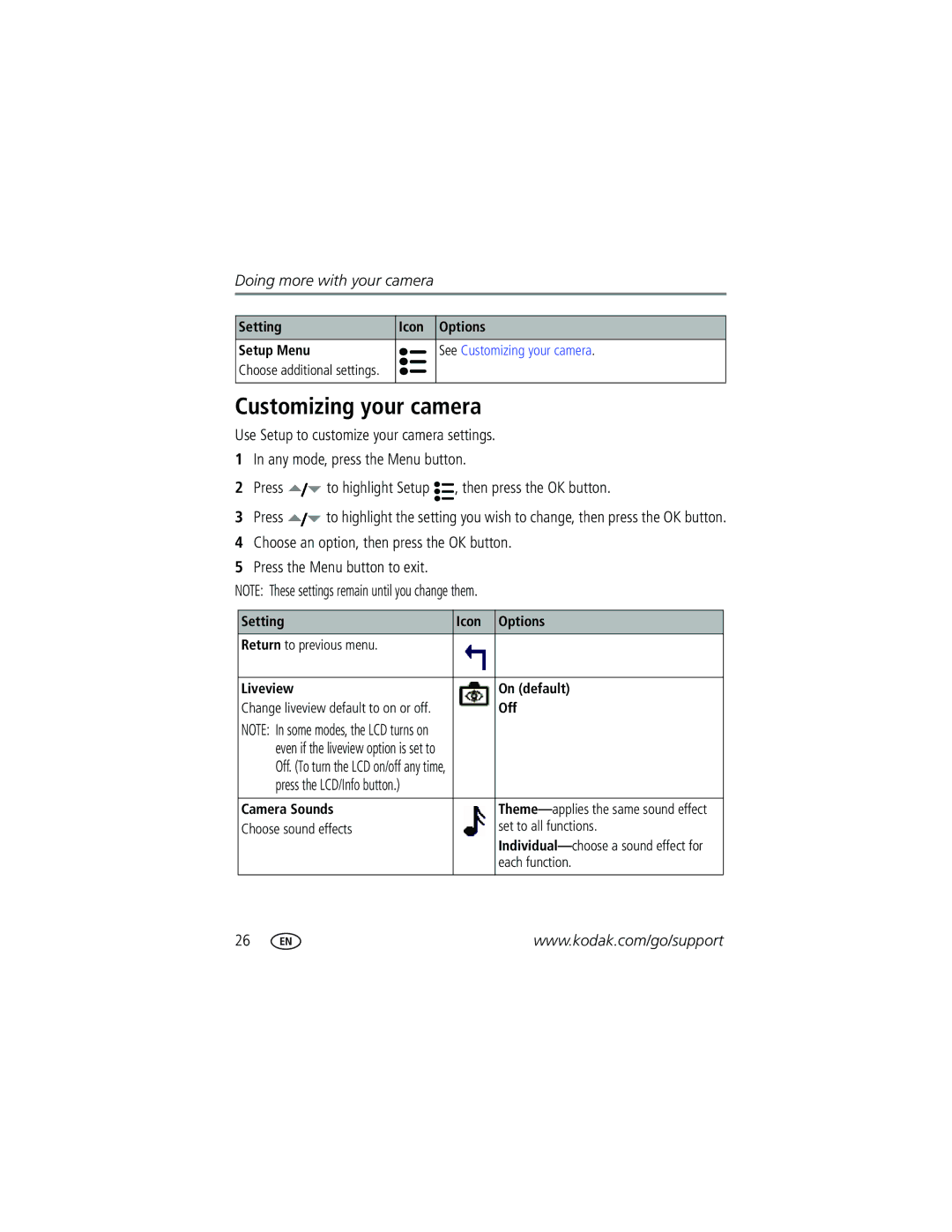 Kodak C360 manual Customizing your camera, Setting Icon Options Setup Menu, Press the LCD/Info button Camera Sounds 